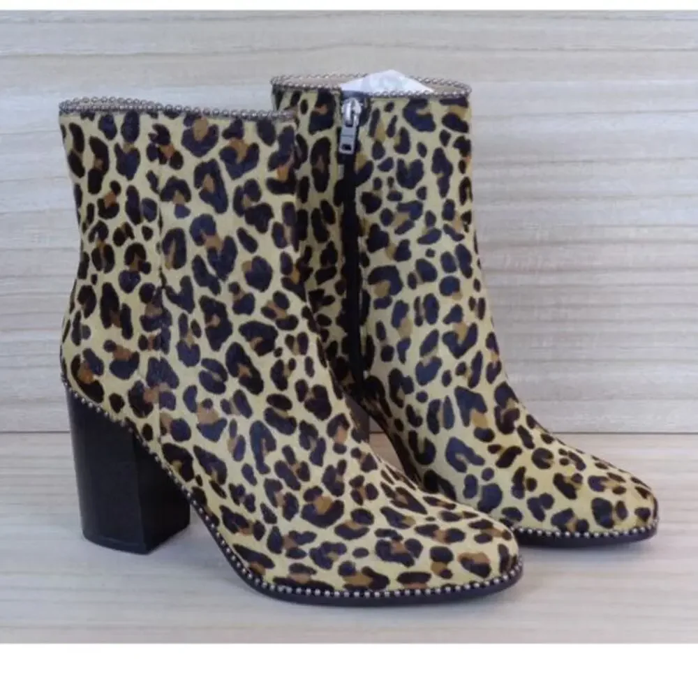 Coach Drea Beadchain Heeled Lepoard Printed‎ Haircalf Bootie Side Zip Womens 6
